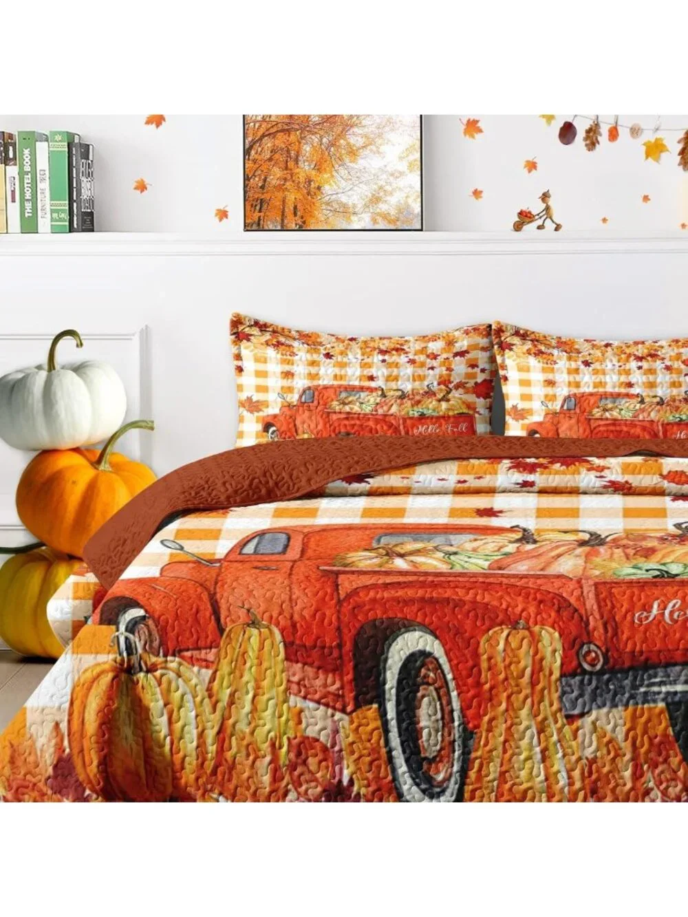 Cozy King Fall Quilt Set - 3 Piece Autumn Truck Bedding, Perfect for Seasonal